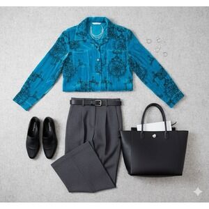 Chicos Vtg Teal Blue Velvet Embroidered Silk Rayon Lined Jacket Blazer Sz 1 M